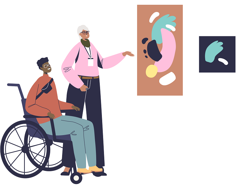 Two people, one of them on a wheelchair, in a Museum